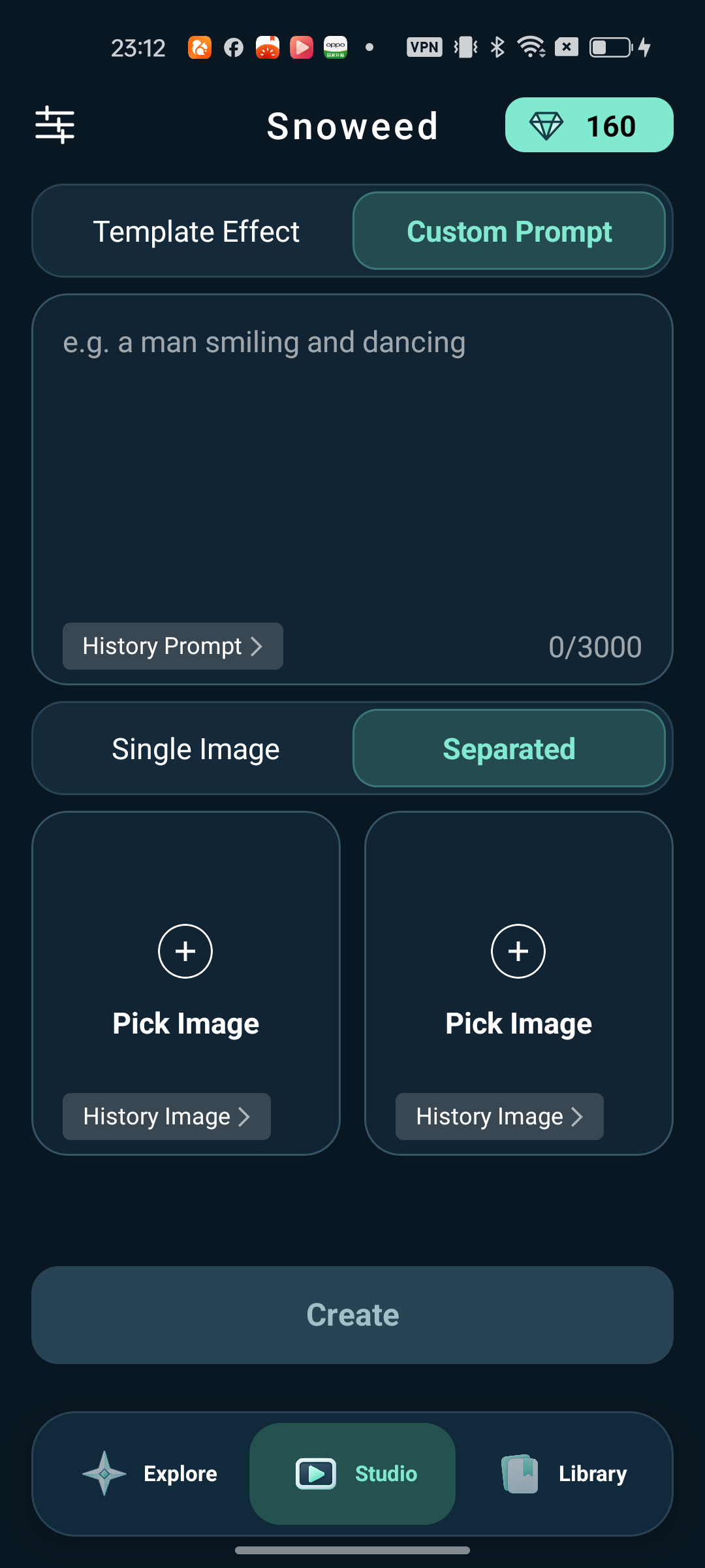 Snoweed Studio with custom prompt, single or separate image inputs, and saved prompt and image controls